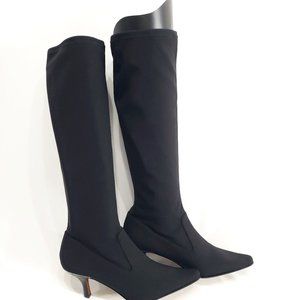 Donald Pliner Knee Boot Black Stretch Pull On Kitten Heel Sz 7.5 M